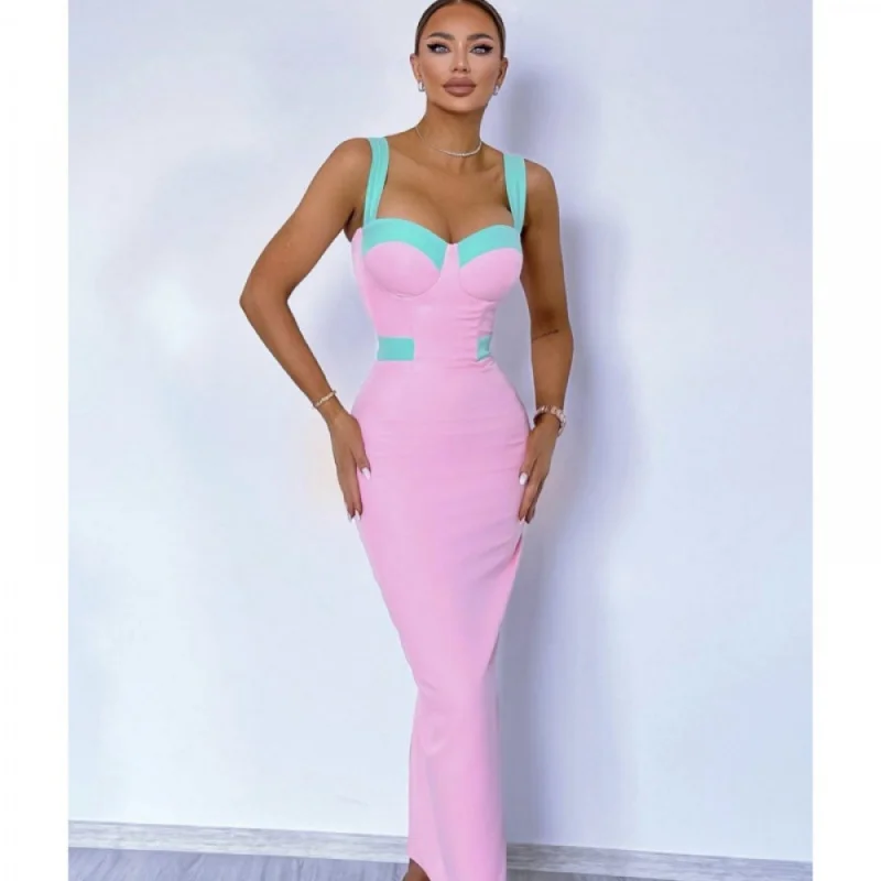 

Europe and America Cross Border Pink Sexy Low-Cut Buttock Sling Dress Fashion Elegant Party Banquet Bandage Gift