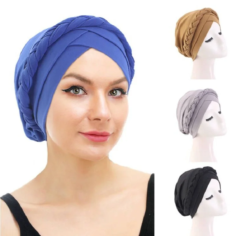 

Women Muslim Braid Head Scarf Turban Cancer Hat Chemo Cap Islamic Hijab Arab Cap Hat Hair Loss Bonnet Beanies Hair Accessories