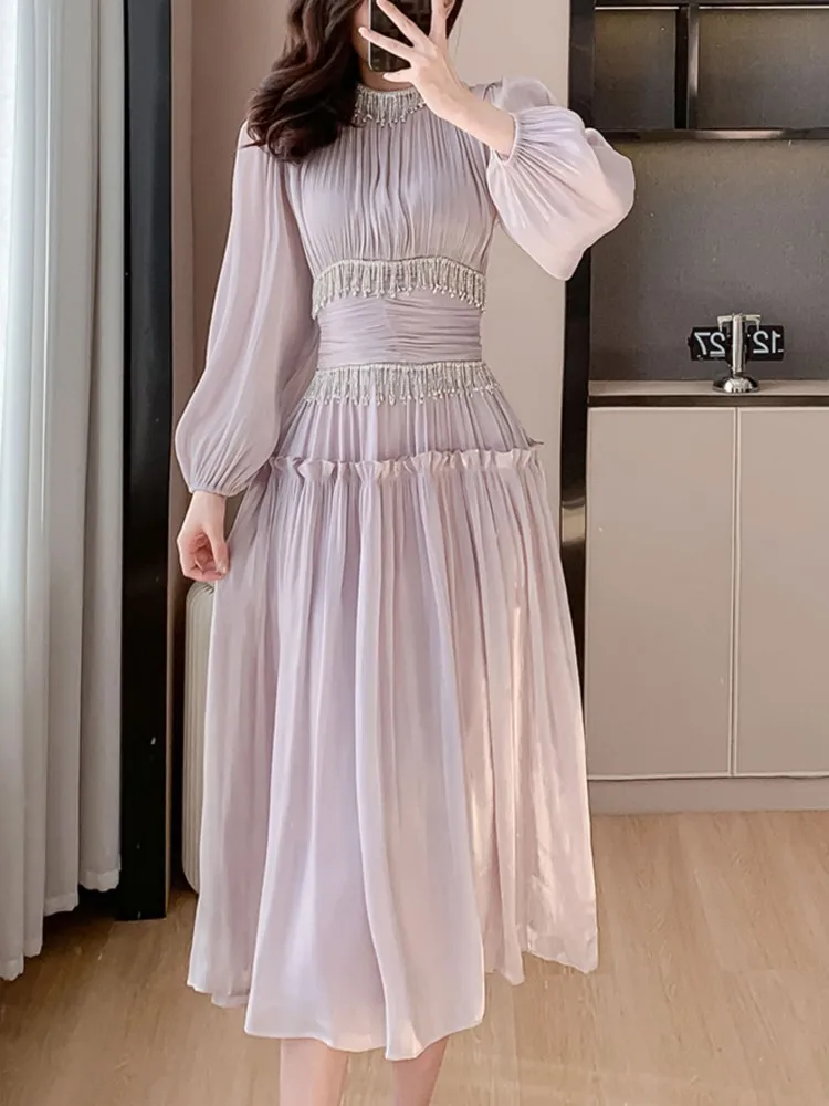 

Fashion New Women Elegant Casual Midi Long Prom Dress Puff Sleeve A-Line Solid Vintage Party Birthday Clothes Female Robe Mujers