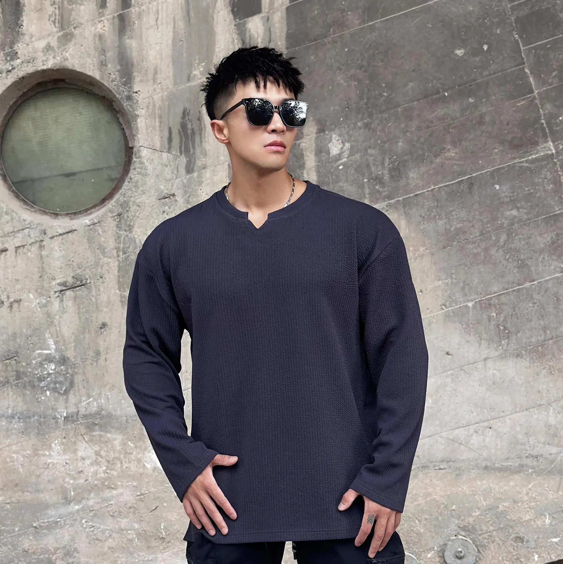 

V-Neck Texture And Drape Feeling Men's Long Sleeved T-Shirt Sports Fitness Running Training Clothes Loose Oversized Long Sleeved