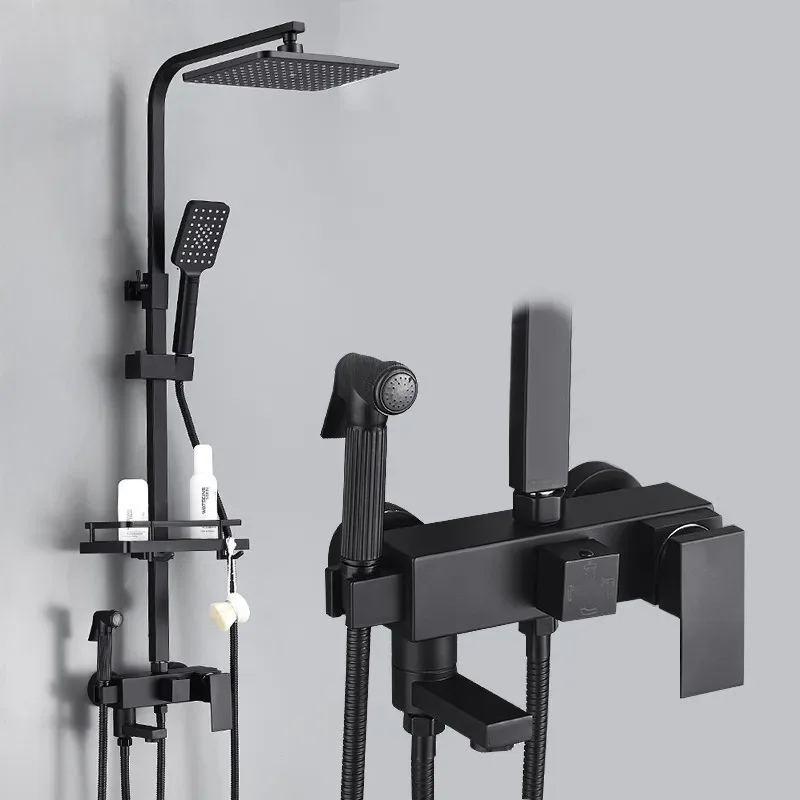 

Bathroom ShowerBrass Faucets Mixer Crane Bidet Faucet Rainfall Set Spray With Shelf Black