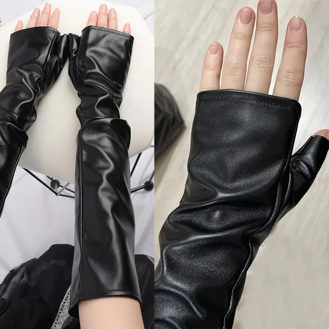 Gants longs sans doigts pour femmes, cuirs PU sexy, mitaines Hip Pop, mitaines de coude pour femmes, chauffe-bras, gants de moto punk noirs 1