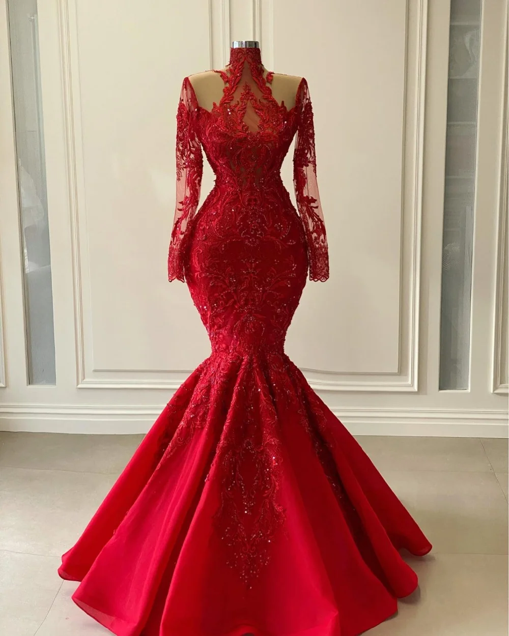 

Modest Red Lace Mermaid Evening Dresses Ruffle Appliques Prom Dresses With Full Sleeves Formal Party Gowns vestidos de noche