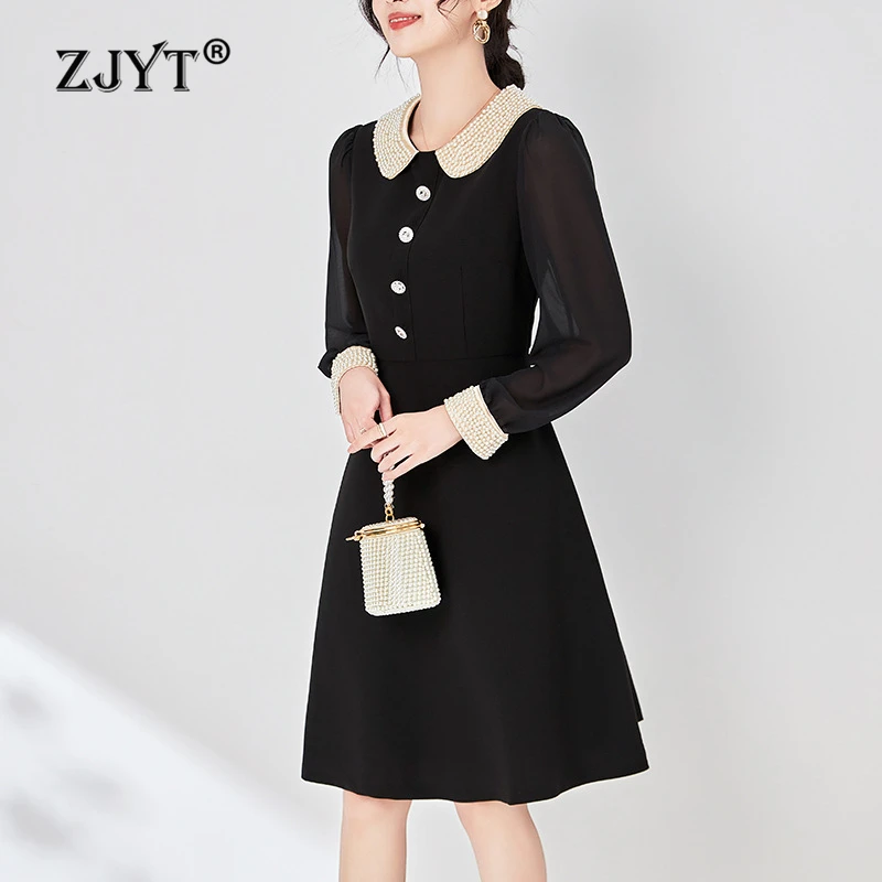 

ZJYT Fashion Women's Long Sleeve Pearls Peter Pan Collar Black Dresses Spring 2024 Elegant Dress Casual Aline Knee Length Robe