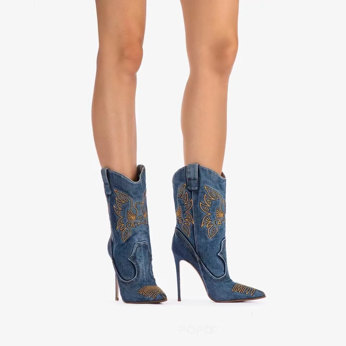 

Pointed Toe Stiletto Cowboy Boots Suede Embroidered Plus Size Western Botas Slip-On Denim Material Knight Women Botines