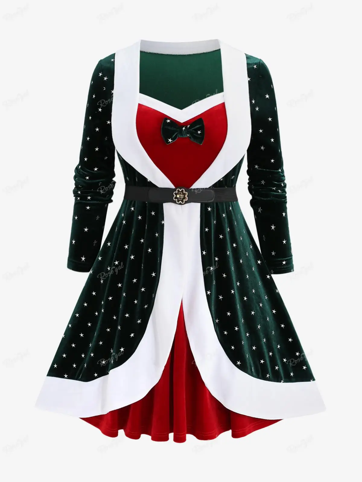 

ROSEGAL Plus Size Velvet Layered Dress With Belt 2023 Women Christmas Star Print Bowknot Mini Dresses Autumn Casual Vestidos