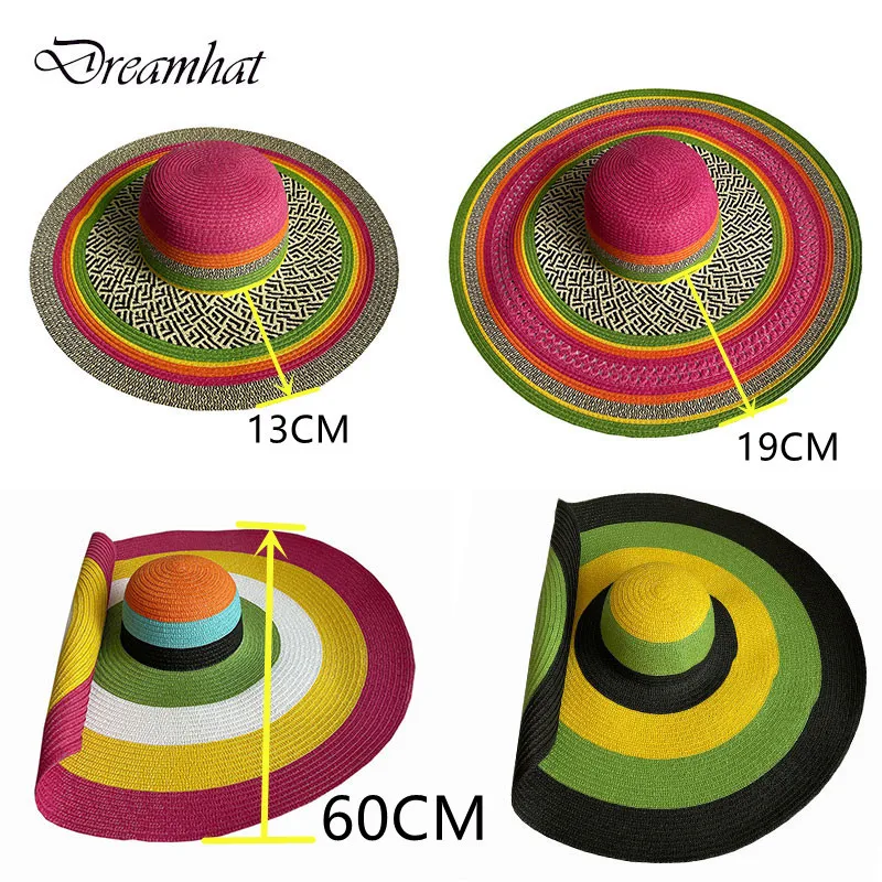 

60CM Diameter Big Brim Hat Women's Sunshade Sun Hat French Men Women Beach Travel Straw Hat Summer Foldable Sun Hat Wholesale