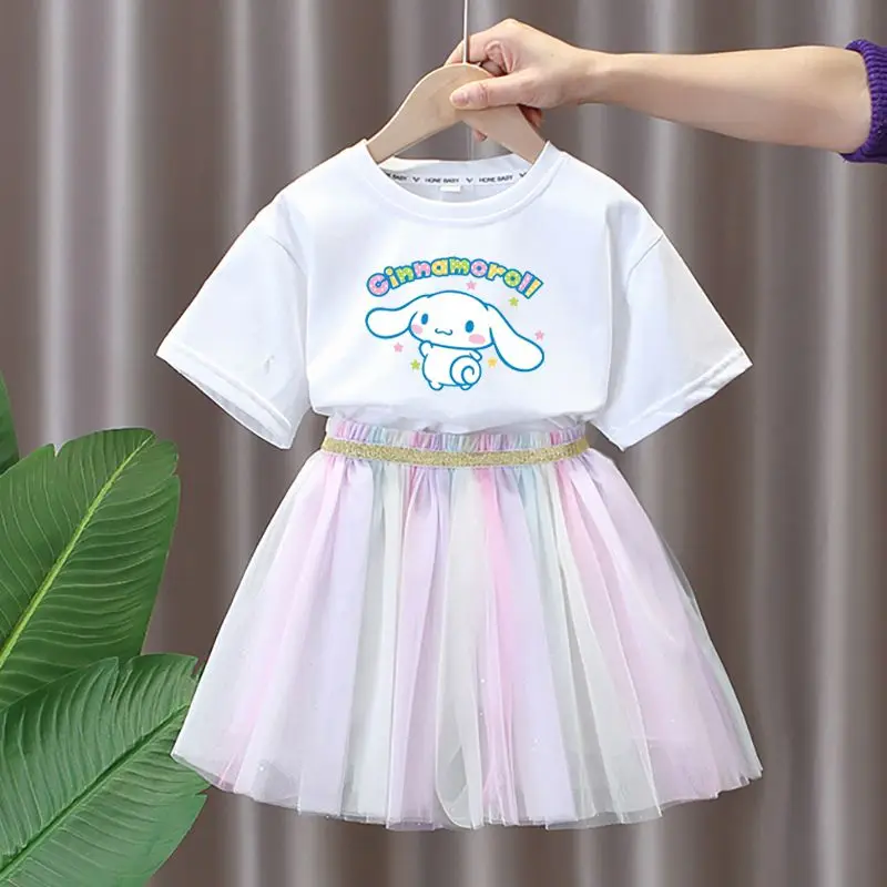 

Детский комплект из футболки и платья Sanrio Cinnamoroll, милый мультяшный принт, хлопковый топ с коротким рукавом и юбка с принтом принцессы, детские подарки