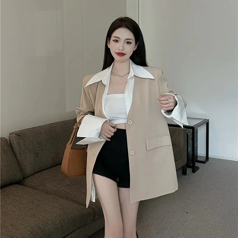 

UNXX Autumn Vintage Casual Fake Two Piece Contrast Color Blazer Suit Coat British Style Shirt Spliced Suit Collar Coat Women