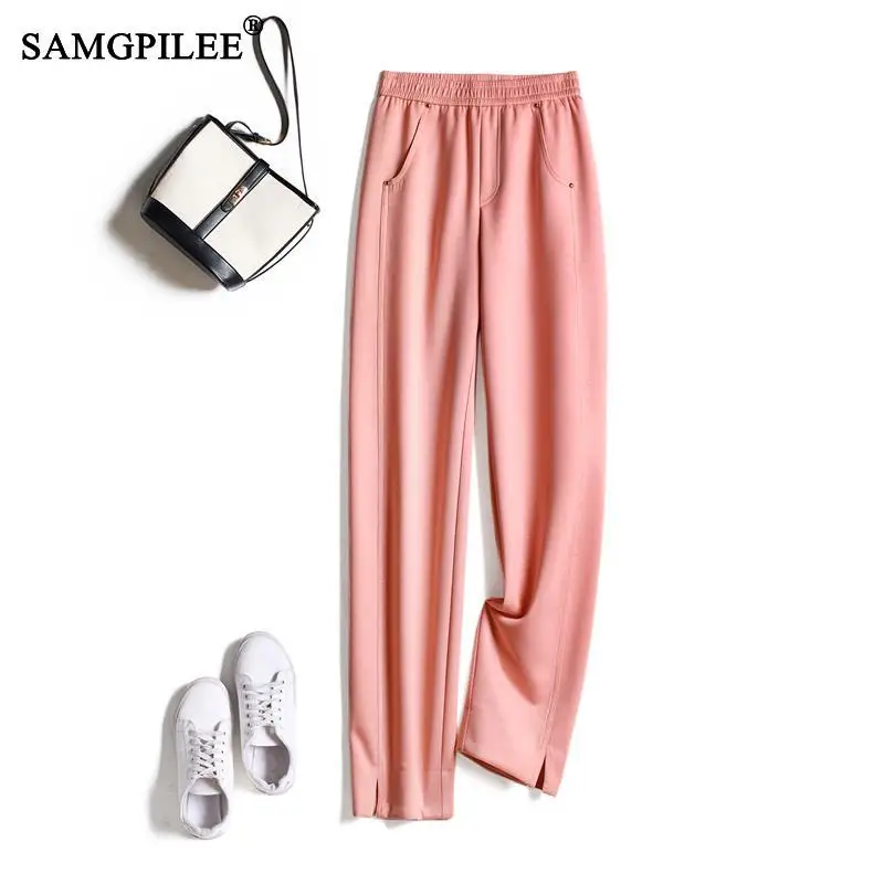 

High Waist Casual Trousers 2023 Spring Summer New Elastic Waist Canday Color Slit Straight Rivet Harem Oversize Y2k Pants 4XL
