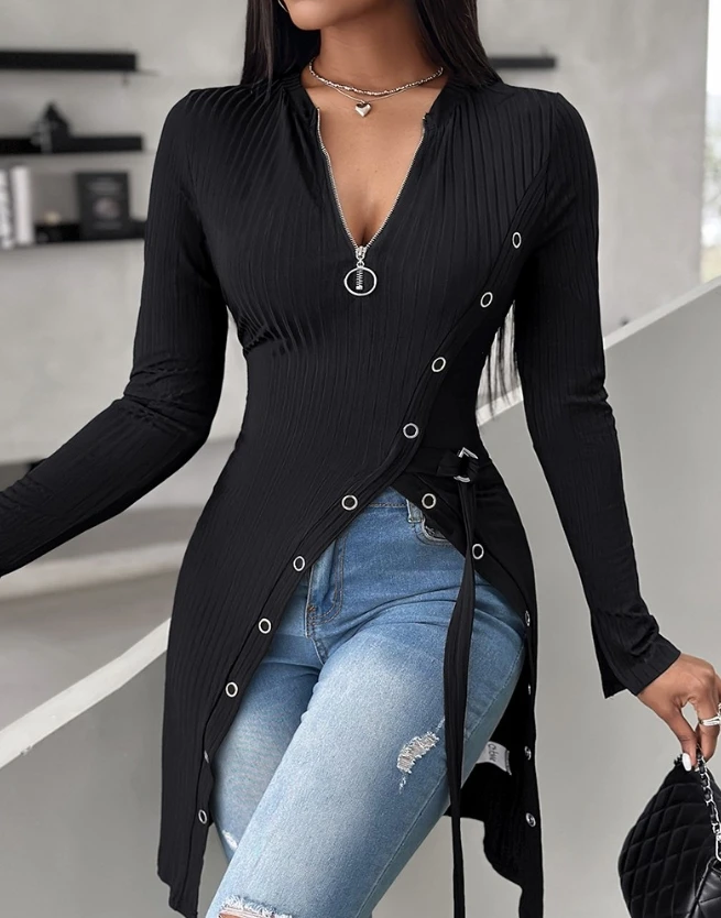 

Women Casual Longline Tee Tops O-neck Long Sleeve Zipper Design Asymmetric High Slit Top Fashion Elegant Commuting