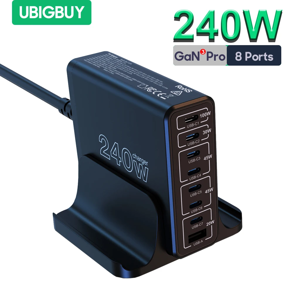 

Ubigbuy 240W GaN Desktop Charger PD 100W USB C Laptop Charger Power Adapter QC5 PPS 45W Super Fast Charging for Phones Tablets