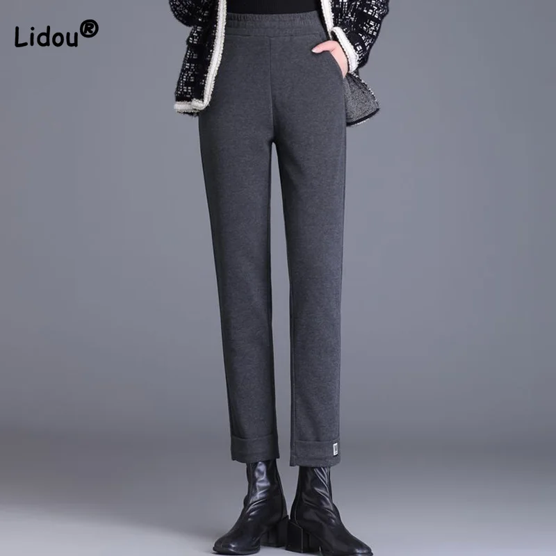 

Solid Color Patchwork Pockets Warm Wear Resistant Woolen Pants Autumn Winter High Waisted Loose Fitting Casual Cropped Trousers