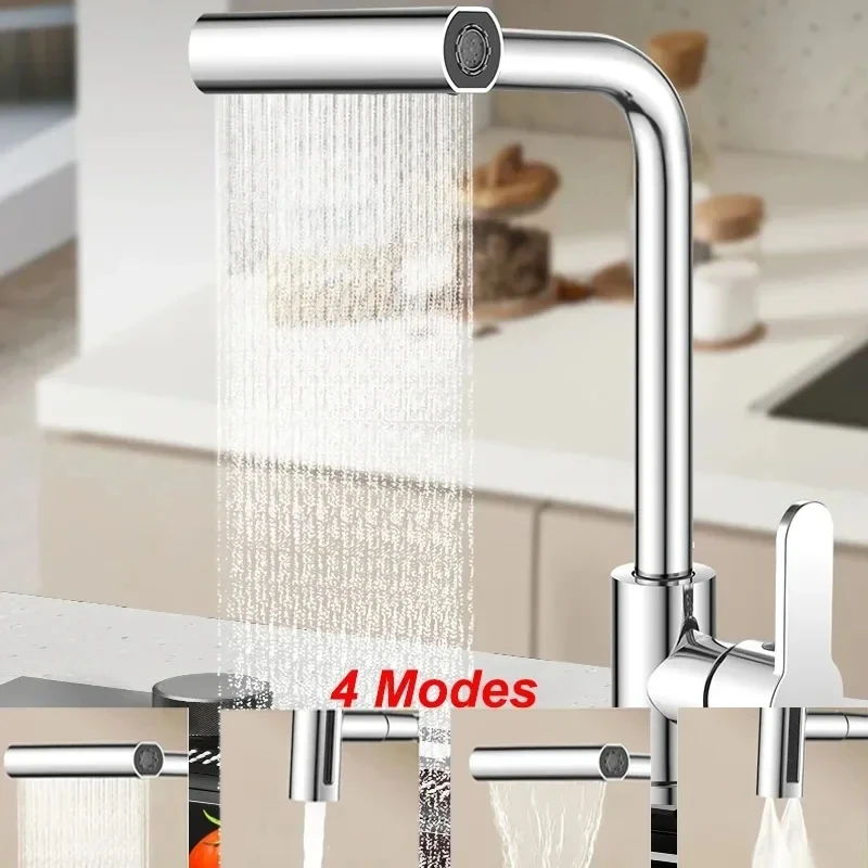 

4 Modes Waterfall Kitchen Faucet Rotation Stream Sprayer Head Sink Mixer Brushed Water Tap Stainless Steel Hot Cold Single Hole