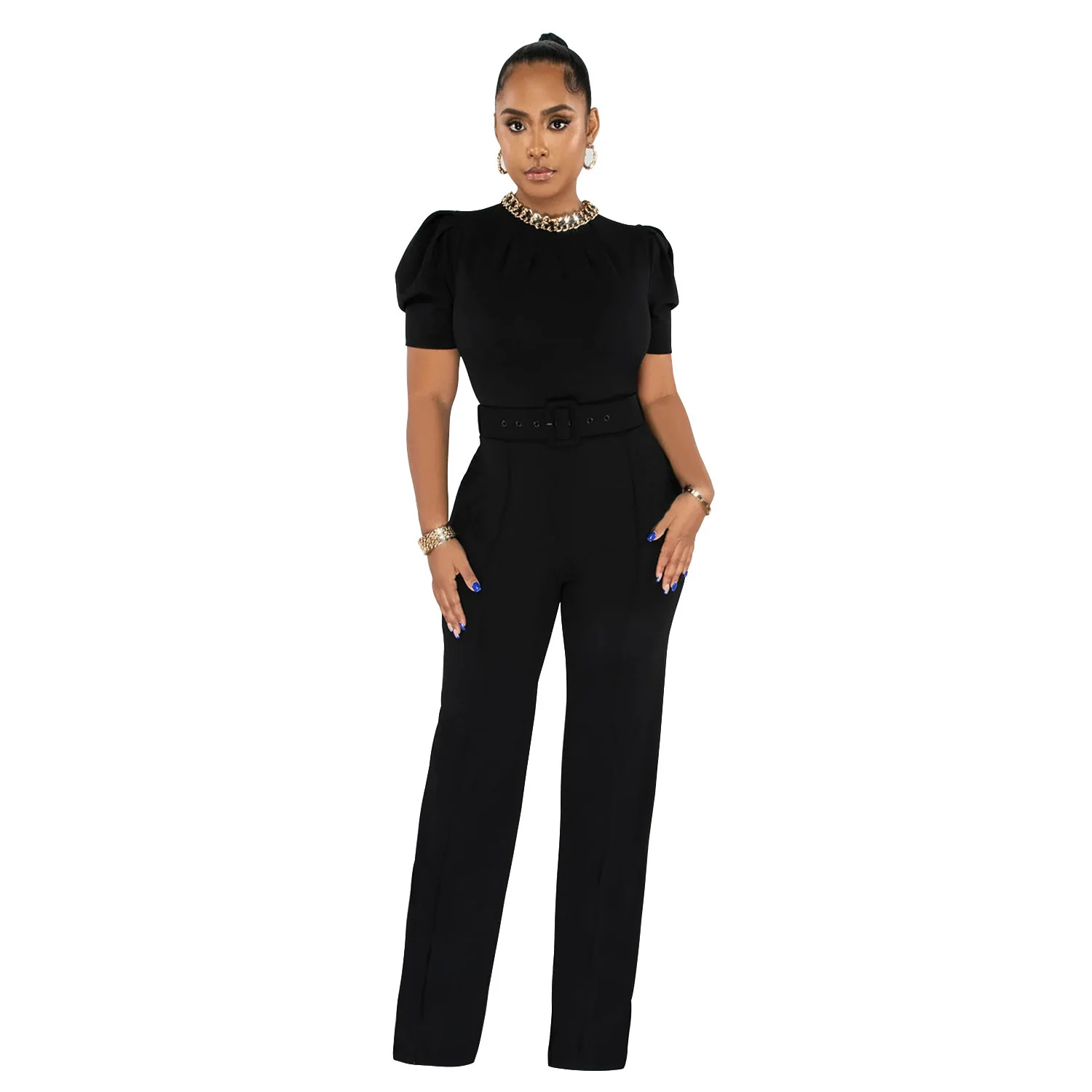 Fashion Women's Solid Color Belt Chain Short Sleeve Trousers Jumpsuit Online Trend Temperament Women's Clothing
Fashion Women's Solid Color Belt Chain Short Sleeve Trousers Jumpsuit Online Trend Temperament Women's Clothing