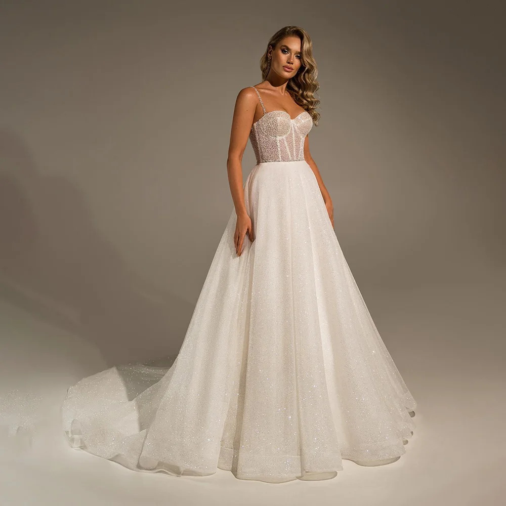 

Wedding Dress Spaghetti Straps Sweetheart Collar Pleated Sequins Sparkly for Women Backless A-line Court Wedding Bridal Gown