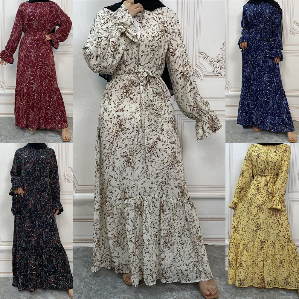 

Elegant Floral Muslim Dress Women Chiffon Printed Sundress Kaftan Turkey Abaya Hijab Vestidos Belted Female Robe Islam Clothing