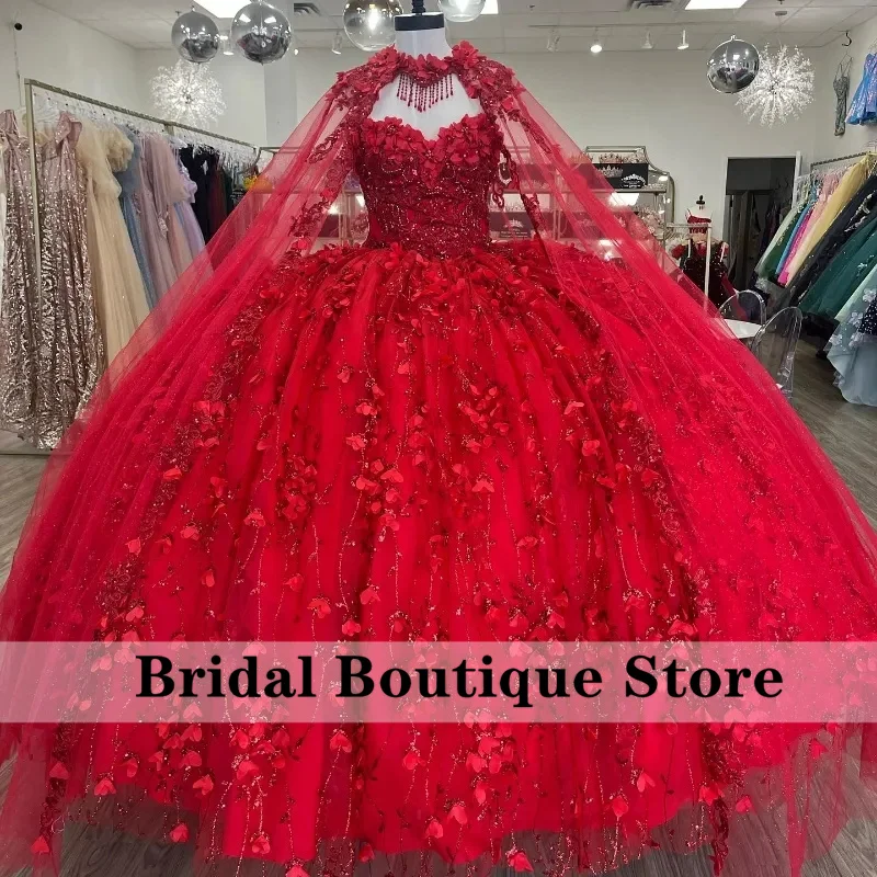 

Glitter Red Flower Princess Ball Gown Quinceanera Dresses With Cape Bead Crystals Appliques Sweet 16 Dress Vestidos De 15 Años