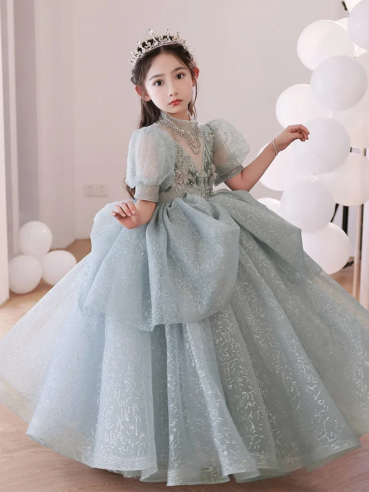 

Lace Flower Girl Dresses For Wedding Sequin Tulle Girls Pageant Gown Kids First Communion Princess Christmas Party Vestidos