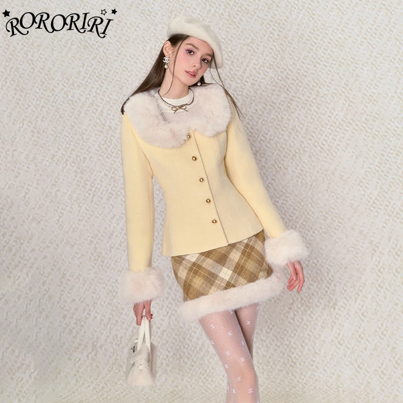 

RORORIRI Fur Trim Plaid Tweed Mini Skirt Women 90s Retro Patchwork A-line High Waist Bodycon Short Bottoms Korean Y2k Streetwear