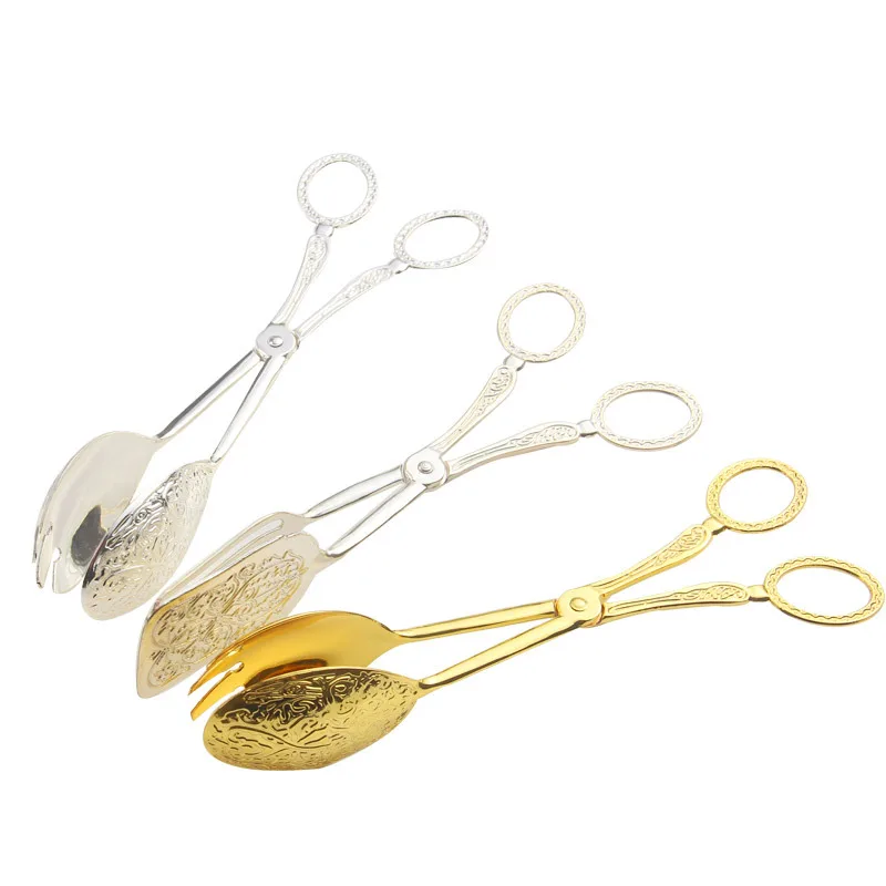 

Food Tong Gold-plated Snack Cake Clip Salad Bread Pastry Clamp Baking Barbecue Tool Fruit Salad Cake Clip Kitchen Utensils New