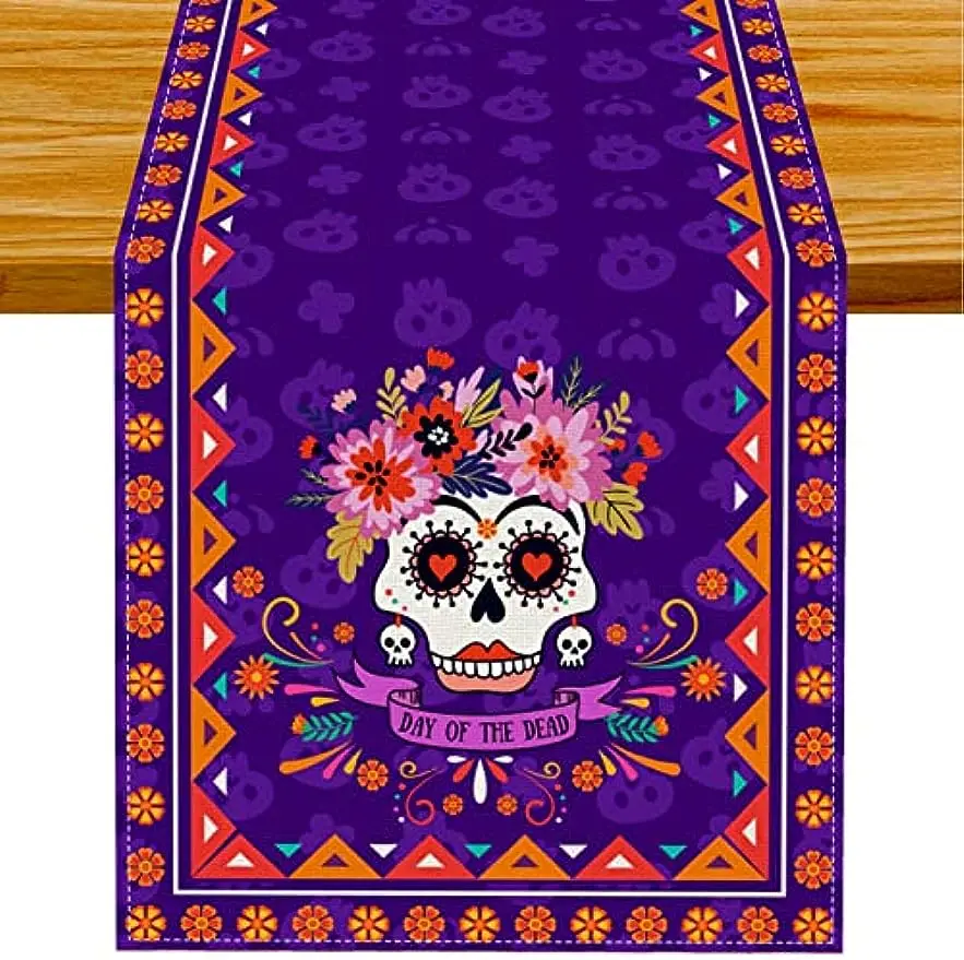 

Mexican Day of The Dead Linen Table Runner Table Decor Dia De Los Muertos Sugar Skull Kitchen Table Runners Halloween Decoration