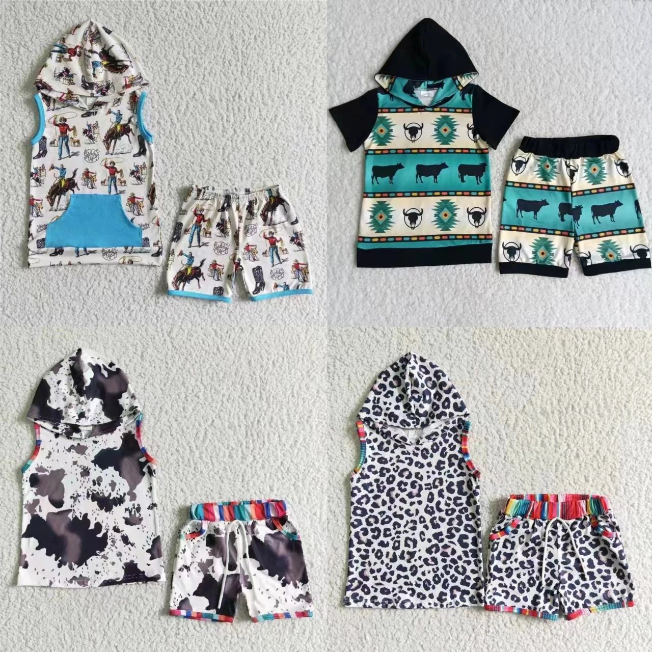 Оптовая продажа, летний комплект для маленьких мальчиков с карманами в западном стиле, Детская толстовка без рукавов, рубашка, шорты с принтом коровы для малышей 
Оптовая продажа, летний комплект для маленьких мальчиков с карманами в западном стиле, Детская толстовка без рукавов, рубашка, шорты с принтом коровы для малышей