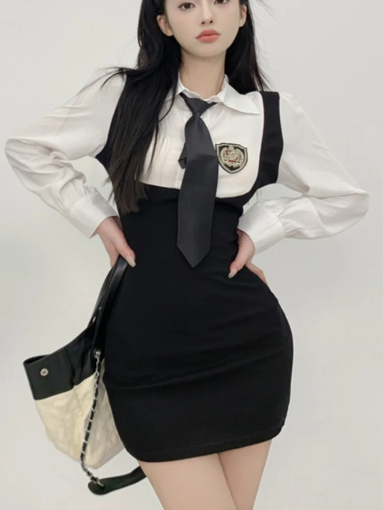

Осень 2023, корейское мини-платье Y2k, женское модное элегантное женское повседневное платье, новое облегающее платье с имитацией двух частей, женское Шикарное облегающее платье в стиле пэчворк
