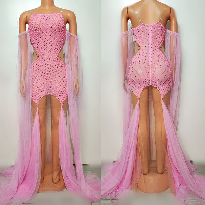 

Женское розовое платье с искусственным жемчугом, сексуальные сетчатые вечерние платья, женская одежда для праздника певицы, сценический костюм, костюм для джазовых танцев XS7852