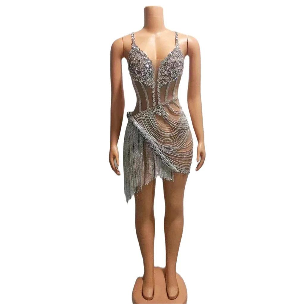 

Rhinestone Sexy Dress For Women Vegas Showgirl Crystal Party Samba One Piece Performance Singer Drag Queen Costume