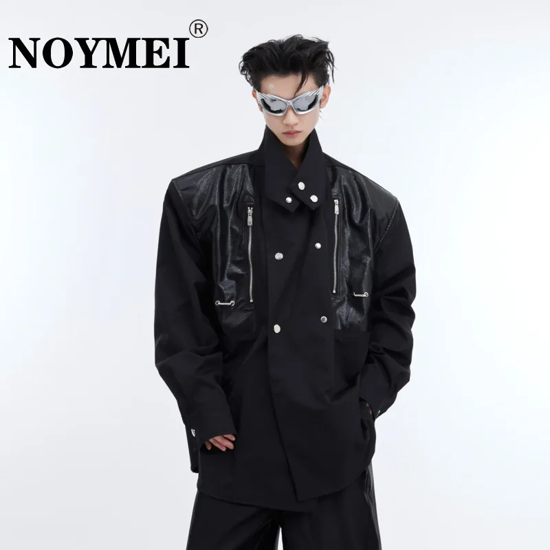 

NOYMEI Niche Deconstruction PU Leather Design Shoulder Pad Shirt Metal Decoration Loose Solid Color Cardigan 2024 Spring WA4046