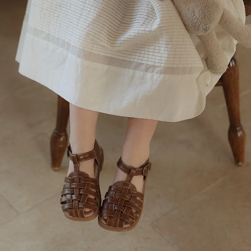 

Сандалии Unishuni Детские с оплеткой, модная летняя обувь для маленьких мальчиков и девочек, повседневные туфли на мягкой подошве в стиле ретро, туфли без каблука, 22-31