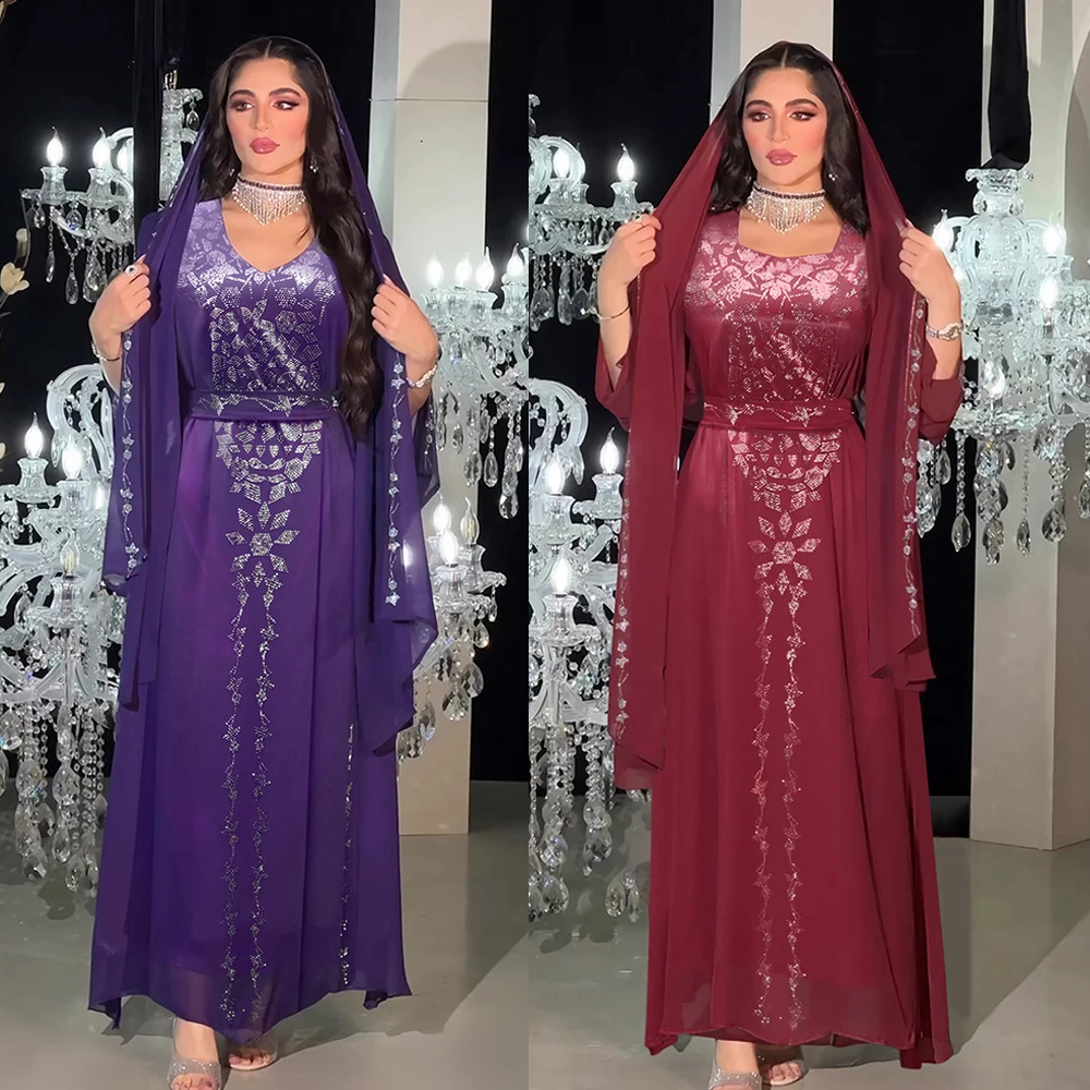 

Eid Mubarak Diamonds Abaya Women Muslim Dress Dubai Turkey Kaftan Saudi Arabic Robe Morocco Caftan Evening Gown Ramadan Jalabiya