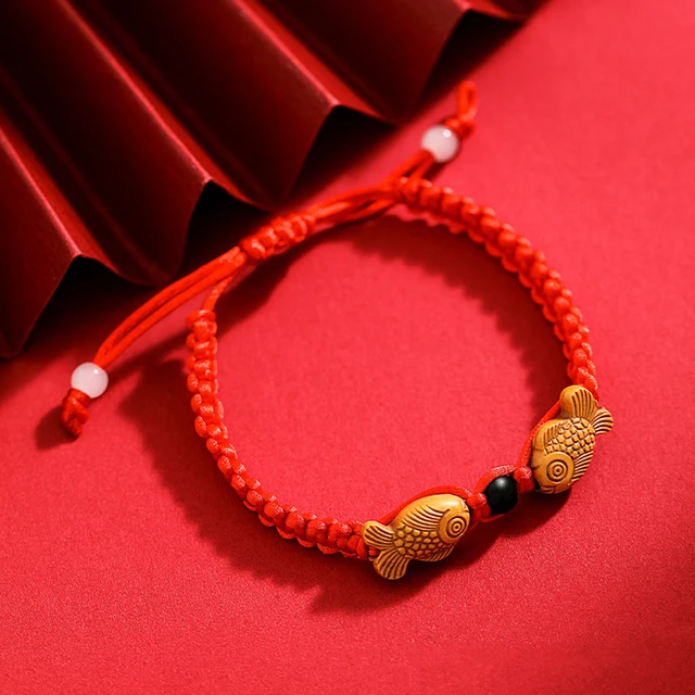 Bracelet Feng Shui à Double Poisson Porte-Bonheur en Bois, Fil Rouge pour Bonne Chance et Richesse, Bijoux Chinois Faits à la Main 2