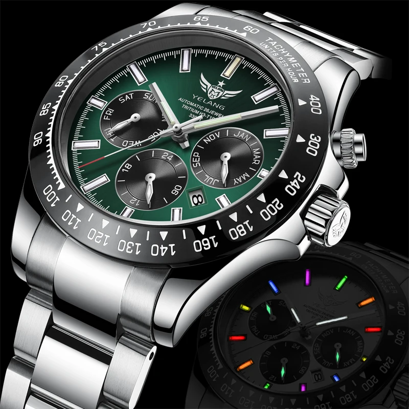 

Yelang V1033 Men Watch 42mm 3 Dials Retro Luxury Fully Automatic Mechanical Sapphire 10Bar Swiss H3 Super Self Luminous Reloj