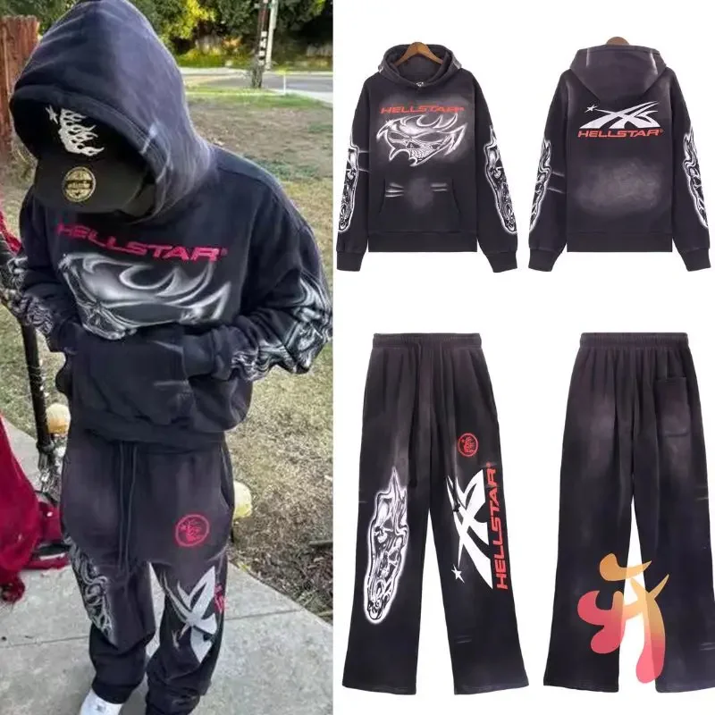 

New HELLSTAR Hoodies Tracksuit Flame Skeleton Washed Old Sweatshirts Vintage Street Pants Oversized Men Women Hell Star Hoody