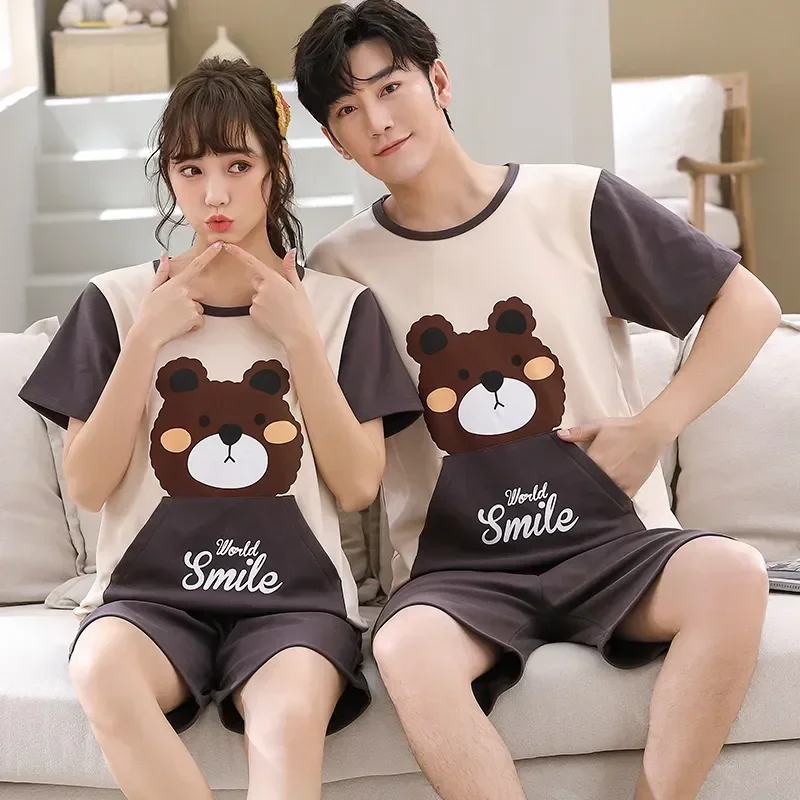 

Cartoon New Night Pijamas Casual Sleepwear Pyjamas Pajamas Men's Knitted Couple Cotton Male Summer Homewear Set Red