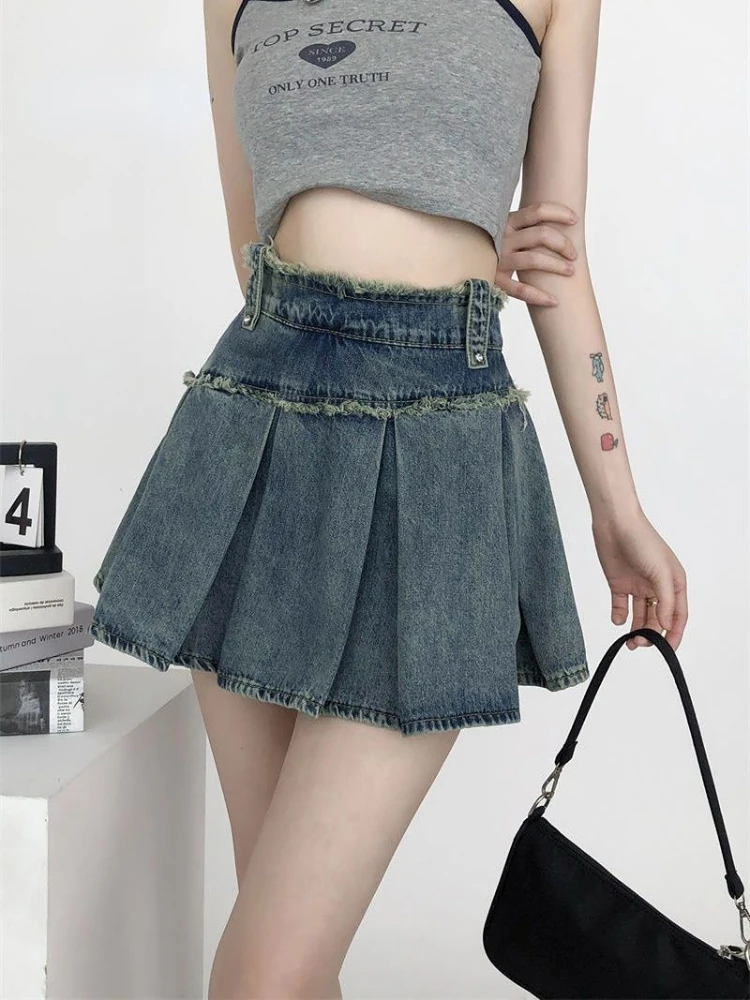 

Raw Edge корейская мода синяя джинсовая мини-юбка летняя Y2k джинсовая плиссированная юбка женская винтажная уличная с высокой талией А-силуэта