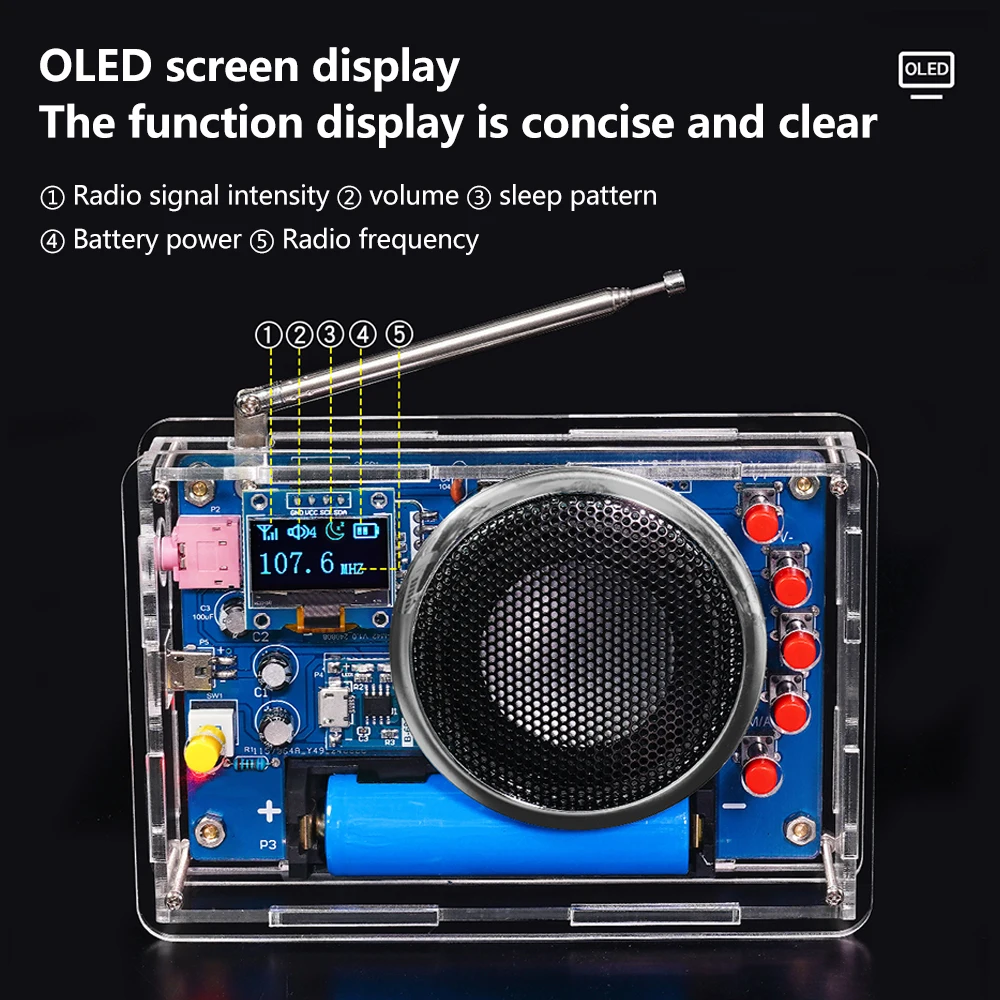 OLED Display Radio DIY Kit Rechargeable FM 87-108MHZ 18650 Lithium Battery Powered Circuit Board Soldering Electronic DIY Parts OLED Display Radio DIY Kit Rechargeable FM 87-108MHZ 18650 Lithium Battery Powered Circuit Board Soldering Electronic DIY Parts