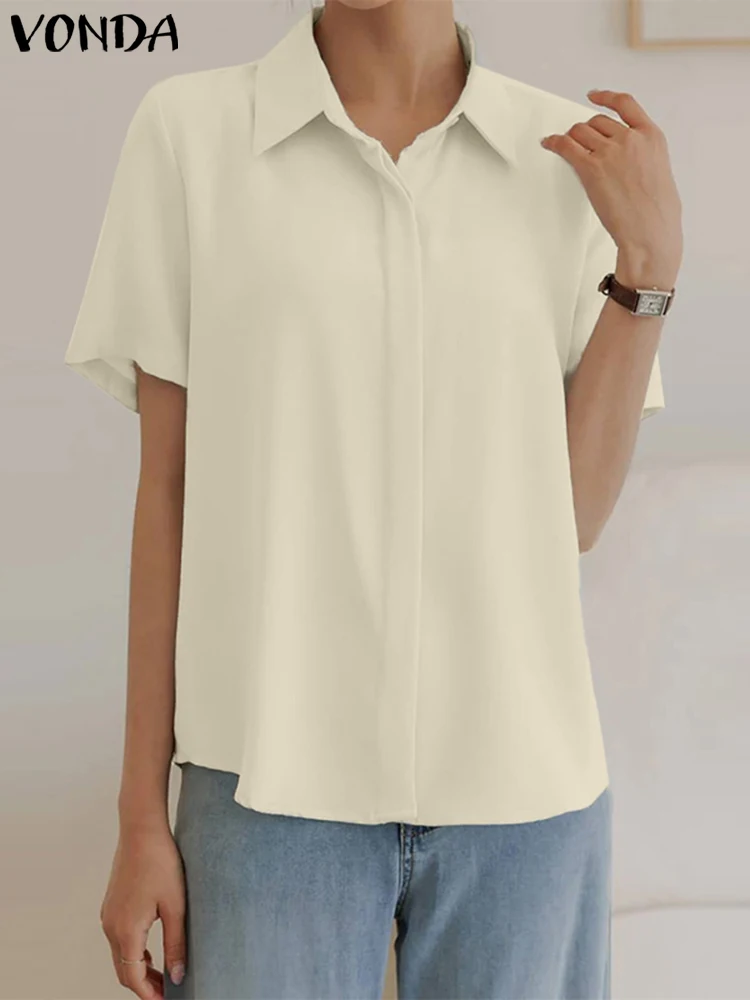 Women Blouse 2023 VONDA Casual Loose Tops Sexy Lapel Collar Short Sleeve Button Down Blouse Fashion Summer Solid Color Shirts
Women Blouse 2023 VONDA Casual Loose Tops Sexy Lapel Collar Short Sleeve Button Down Blouse Fashion Summer Solid Color Shirts