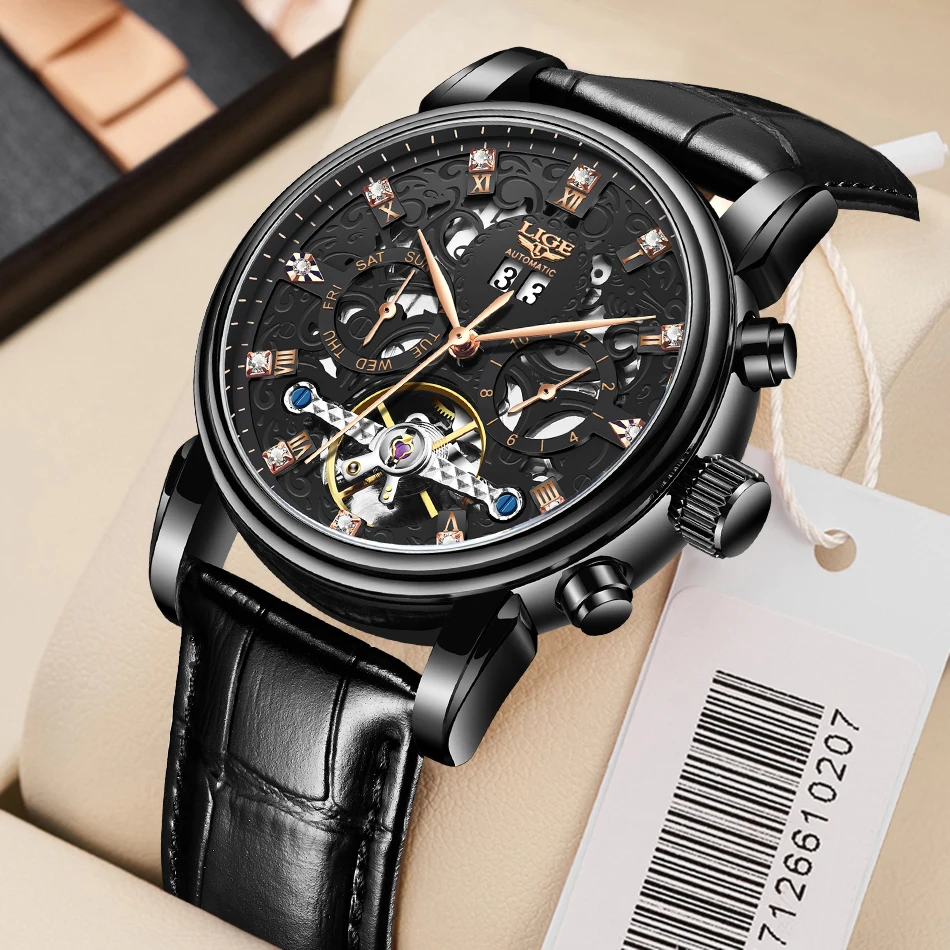 

LIGE Business Mens Mechanical Watches Top Brand Luxury Automatic Creative Date Watch For Men Leather Tourbillon Wristwatch Reloj