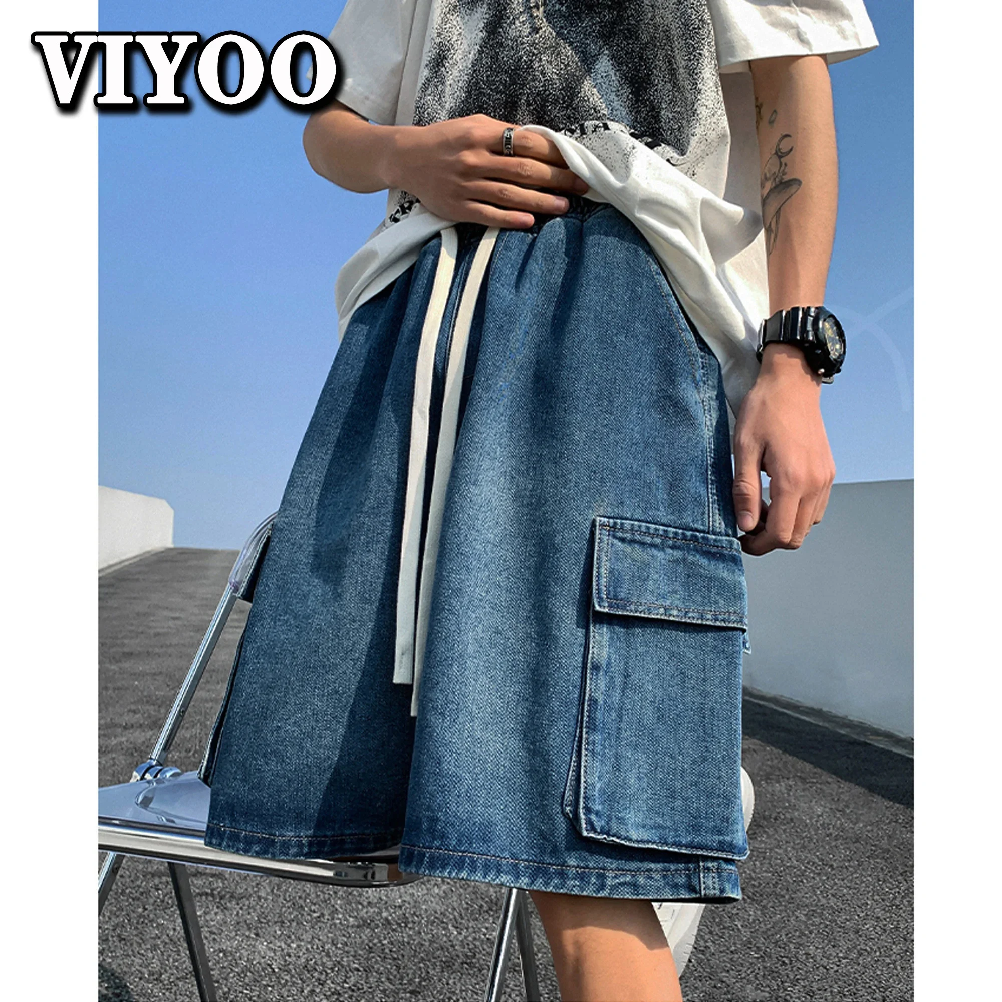 

Джинсовые шорты мужские с широкими штанинами, модные мешковатые джинсы с эластичным поясом и карманами, брендовая одежда в Корейском стиле, на лето
