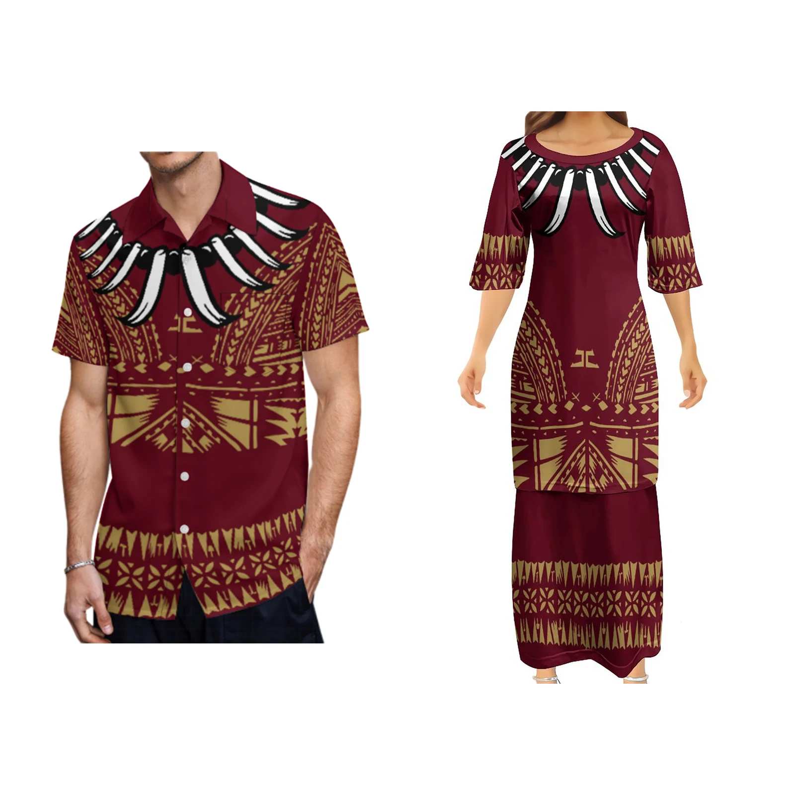 

Wholesale Pacific Island High Quality 7XL Samoa Tribal Puletasi Dresses Customized On Demand Polynesian Ethnic Style Couple Suit