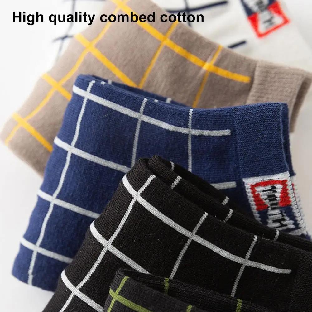 

Low-cut Socks Men's Contrast Color Low-cut Anti-slip Plaid Print Sports Socks Thick Warm High Elasticity No Odor Soft for Men