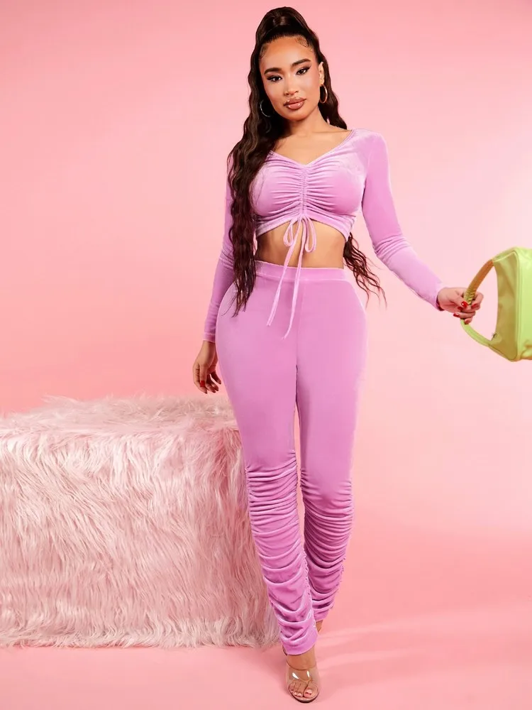 Autumn Women Warm Fashion Ruched Two Piece Set V Neck Drawstring Crop Top+Tight Multi Layered Hem Long Pants Solid Color Suits 
Autumn Women Warm Fashion Ruched Two Piece Set V Neck Drawstring Crop Top+Tight Multi Layered Hem Long Pants Solid Color Suits