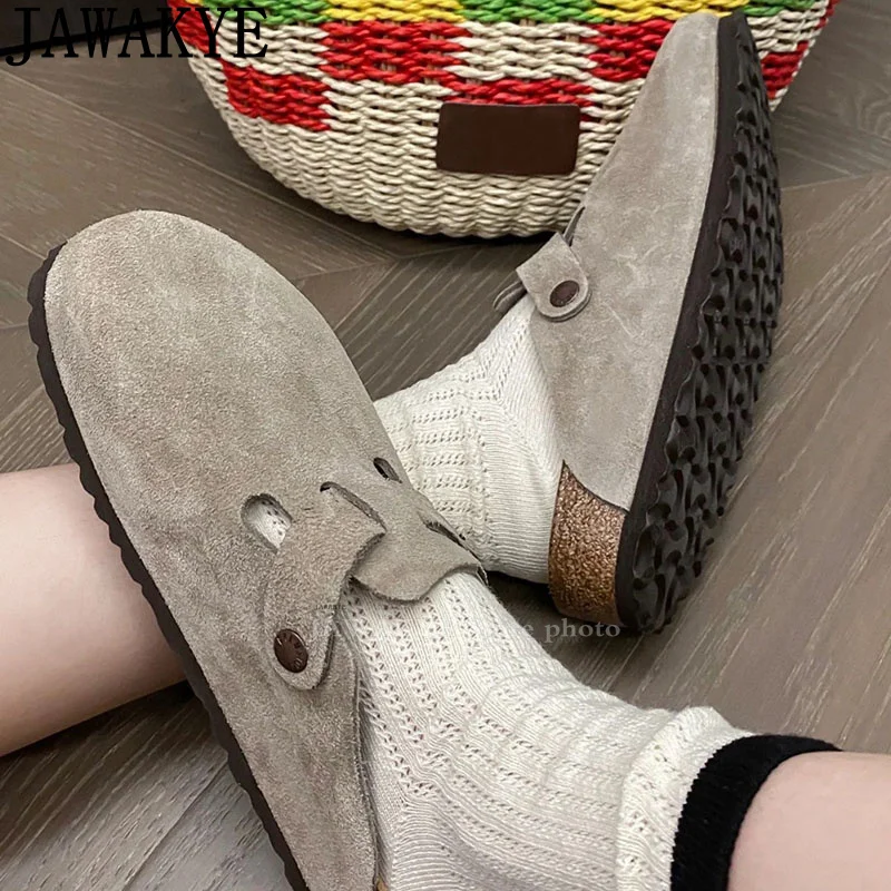 

New Round Wrap Toe Flats Slippers Women Cow Suede Casual Punk Mules Slippers Vacation Home Plus Size Luxury loafers Flat Shoes