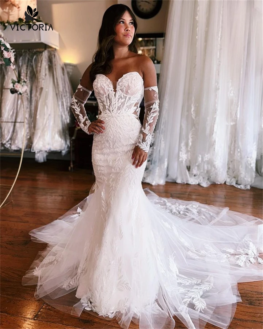 

Threre Quarter Sleeve Wedding Dress New 2024 Lace Appliques Mermaid Bridal Dress Long Train Corset vestidos novias boda