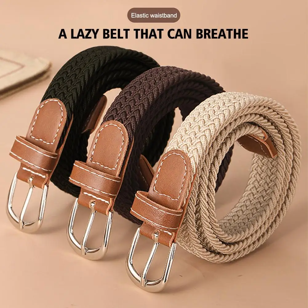 

120-130cm Casual Knitted Pin Buckle Men Belt Woven Canvas Elastic Expandable Braided Stretch Belts For Women Jeans Female B B6N9