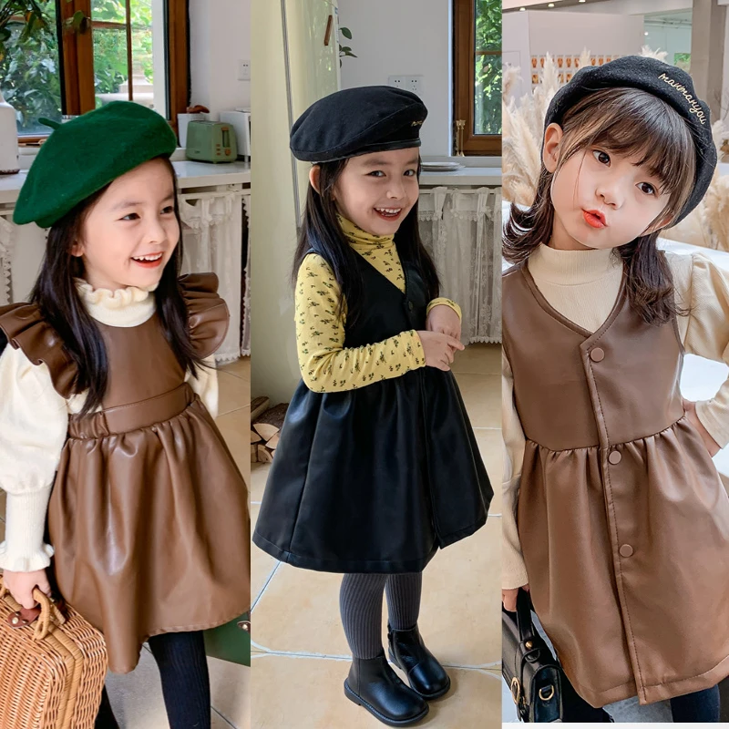 

Fashion Baby Girl Leather Dress Ruffle Sleeveless Toddler Girl Vest Dress PU Winter Spring Fall Kid Suspender Clothes 1-8Y
