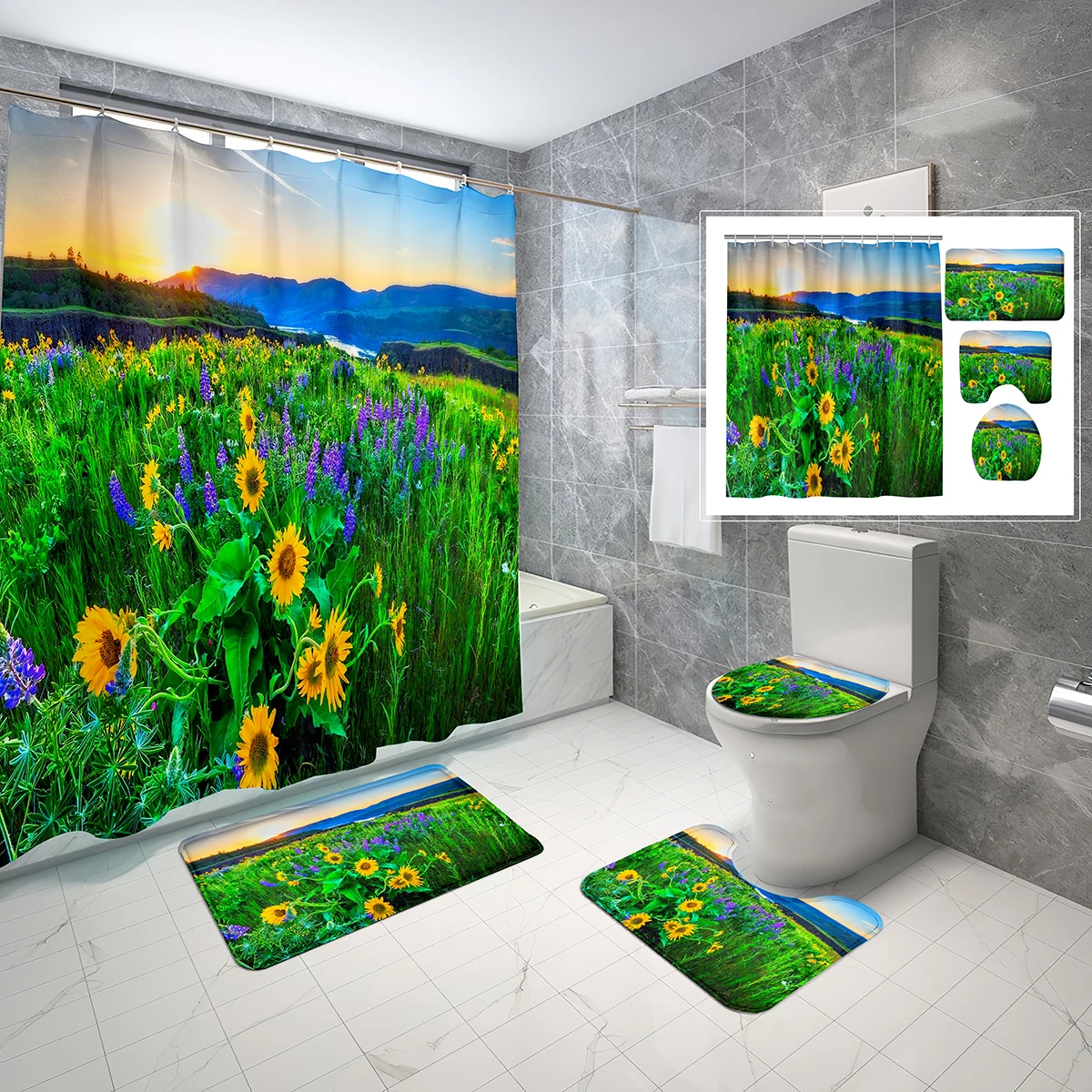 4 PCS Morning Light Shower Curtain Sets,Sunlight Flowers Bathroom Waterproof Bath Curtain,Non-Slip Bath Mat Toilet Cover Set
4 PCS Morning Light Shower Curtain Sets,Sunlight Flowers Bathroom Waterproof Bath Curtain,Non-Slip Bath Mat Toilet Cover Set